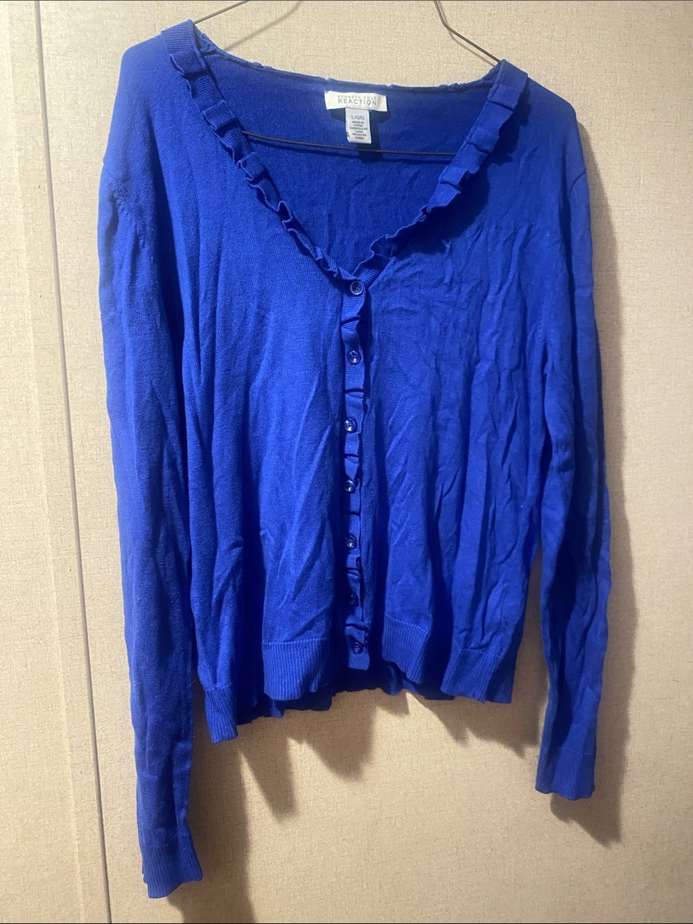 Kenneth Cole Reaction Cobalt Blue Ruffle-Trim Button Cardigan - Picture 1 of 4